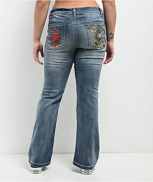 Ninth Hall Alyssia Printed Selfie Mid Rise Flare Jeans