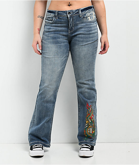 Ninth Hall Alyssia Printed Selfie Mid Rise Flare Jeans