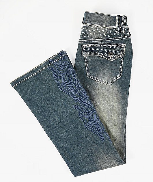 Ninth Hall Alyssia Rhinestone Scorn Blue Wash Bootcut Jeans