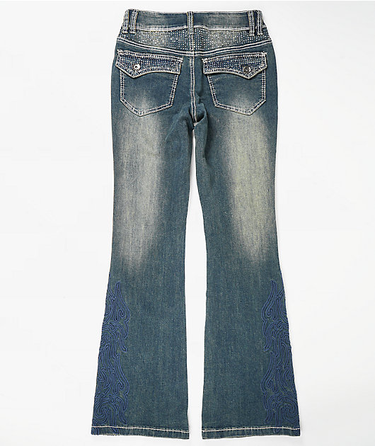 Ninth Hall Alyssia Rhinestone Scorn Blue Wash Bootcut Jeans