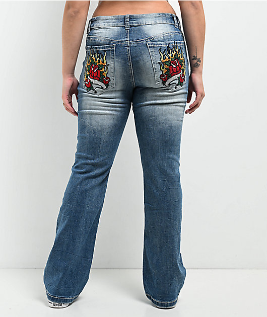 Ninth Hall Alyssia Rose Rhinestone Mid Rise Boot Cut Blue Washed Jeans