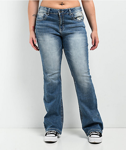 Ninth Hall Alyssia Rose Rhinestone Mid Rise Boot Cut Blue Washed Jeans