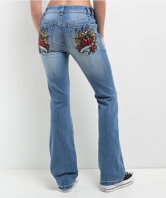 Ninth Hall Alyssia Rose Rhinestone Blue Wash Bootcut Jeans | Zumiez Ninth Hall Alyssia Rose Rhinestone Blue Wash Bootcut Jeans | Zumiez