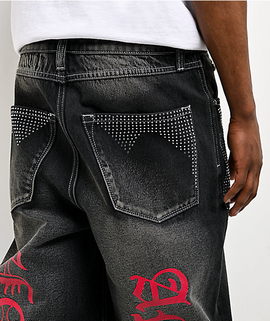 Ninth Hall Ambush Locked Rhinestone Black Wash Jeans | Zumiez