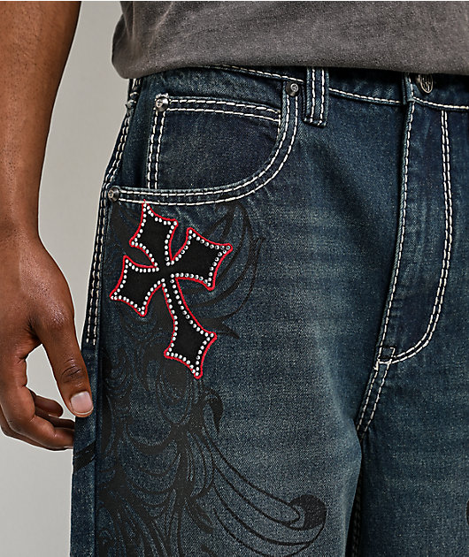 Ninth Hall Ambush Royal Cross Rhinestone Blue Wash Jeans