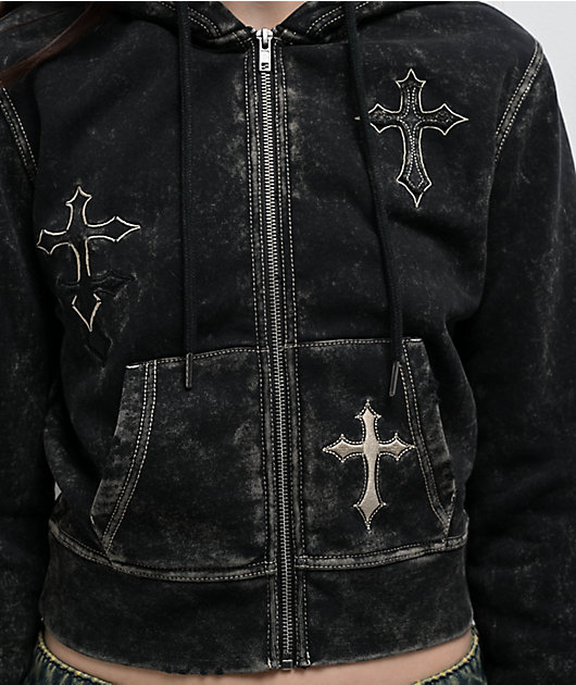 Ninth Hall Andover Cross Black Wash Zip Hoodie 