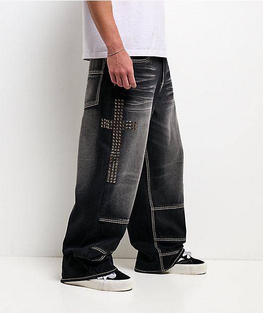 Ninth Hall Astray Disciple Stud Cross Black Wash Loose Fit Jeans