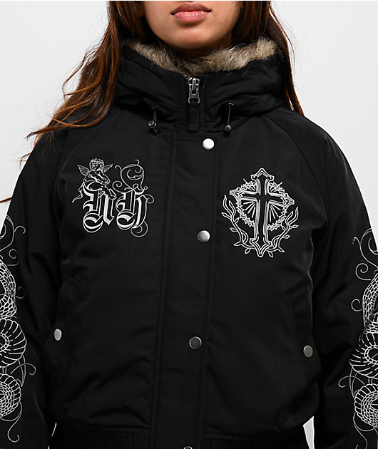 Ninth Hall Ayla Faux Fur Trim Black Hooded Bomber Jacket