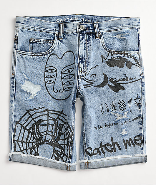 Ninth Hall Captain Scribbles Blue Denim Shorts | Zumiez
