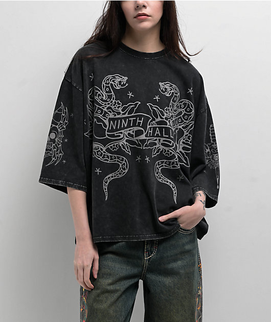 Ninth Hall Ciara Snake Black Wash Oversized Boxy T-Shirt | Zumiez