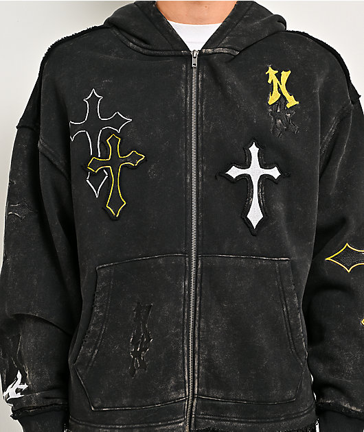 Ninth Hall Cross Black Wash Crop Zip Hoodie