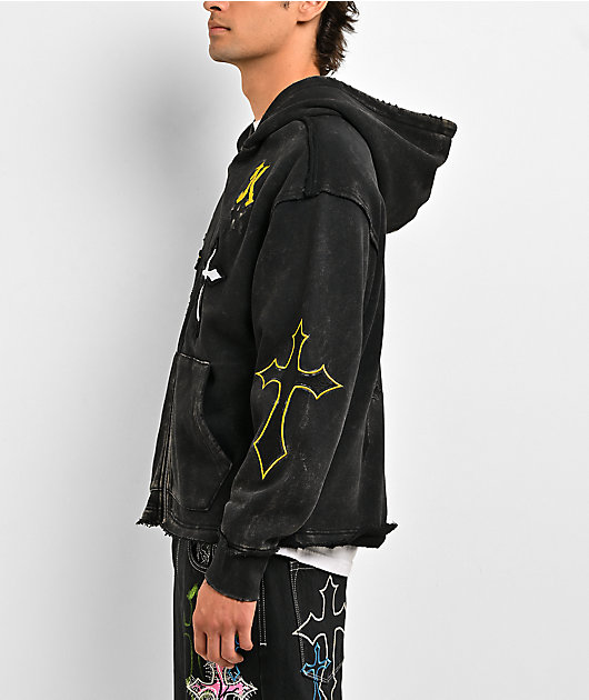 Ninth Hall Cross Black Wash Crop Zip Hoodie