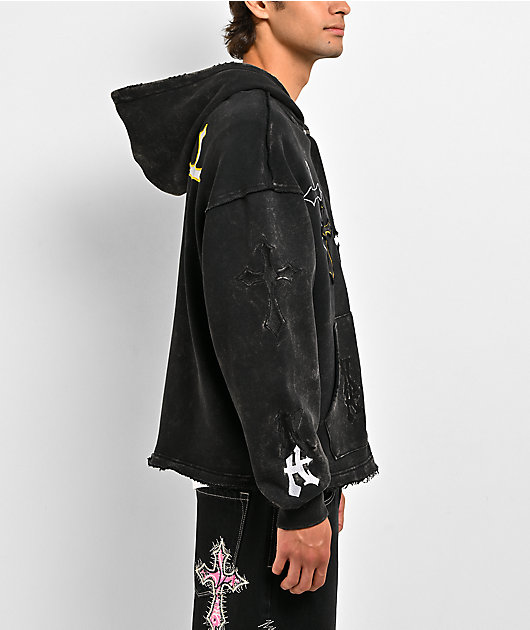Ninth Hall Cross Black Wash Crop Zip Hoodie