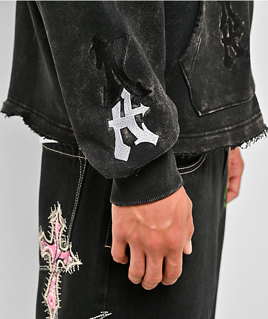 Ninth Hall Cross Black Wash Crop Zip Hoodie