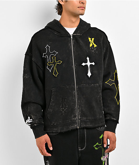 Ninth Hall Cross Black Wash Crop Zip Hoodie