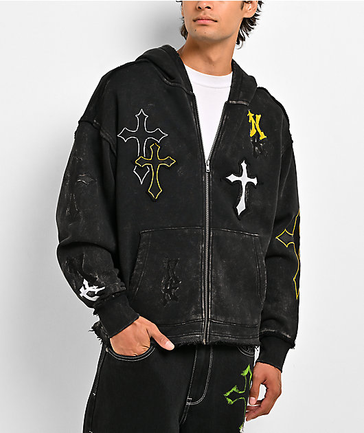 Ninth Hall Cross Black Wash Crop Zip Hoodie