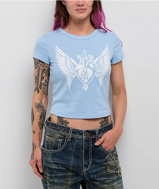 Ninth Hall Cross My Heart Blue Crop T-Shirt | Zumiez