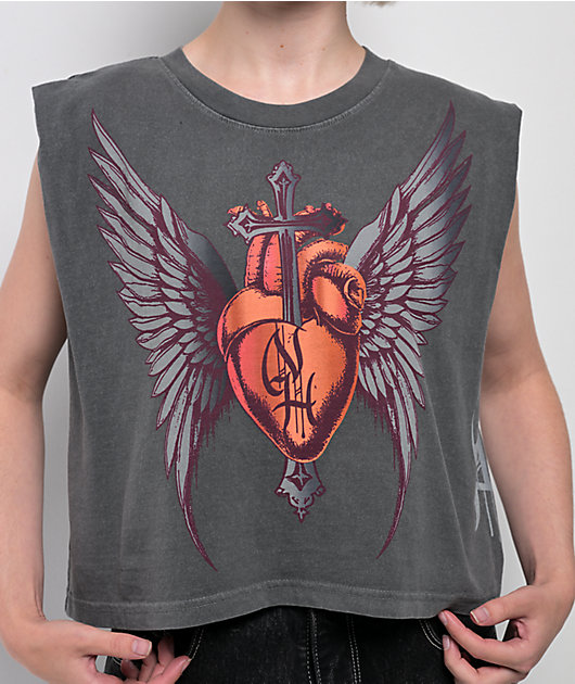 Ninth Hall Cross My Heart Charcoal Crop Tank Top