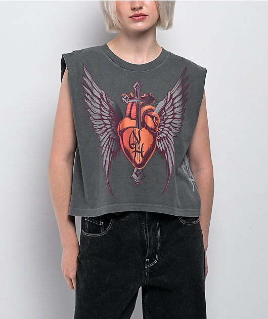 Ninth Hall Cross My Heart Charcoal Crop Tank Top