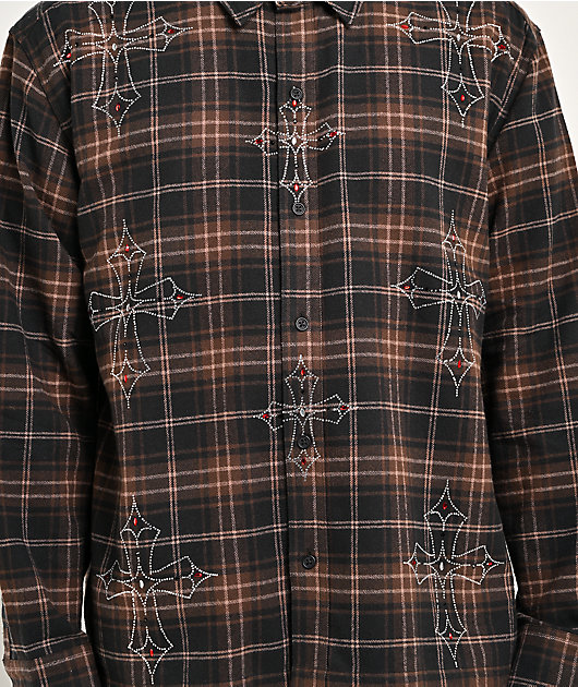 Ninth Hall Cross Rhinestone Brown & Black Boxy Flannel Shirt