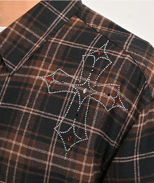 Ninth Hall Cross Rhinestone Brown & Black Boxy Flannel Shirt