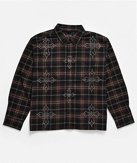 Ninth Hall Cross Rhinestone Brown & Black Boxy Flannel Shirt