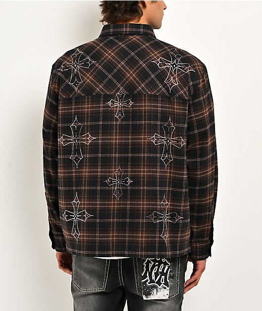 Ninth Hall Cross Rhinestone Brown & Black Boxy Flannel Shirt