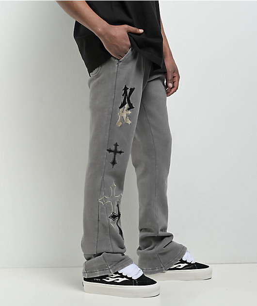 Ninth Hall Crosses Grey Wash Stacked Flare Sweatpants