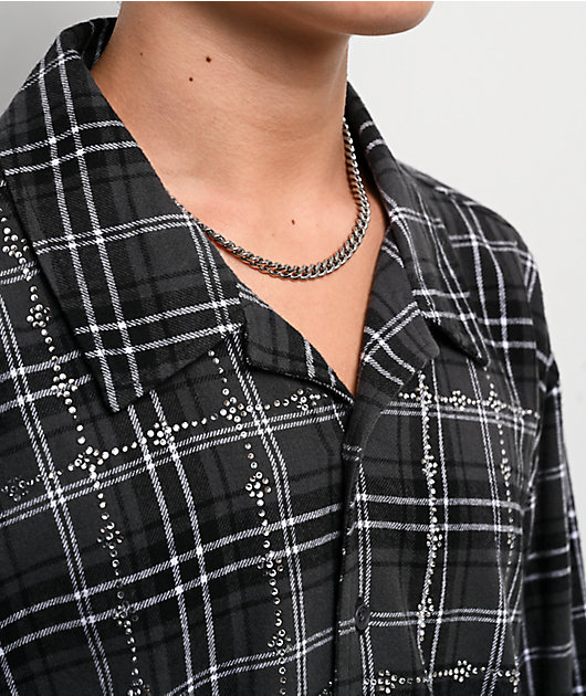 Ninth Hall Crosses and Rhinestones Grey Boxy Long Sleeve Flannel