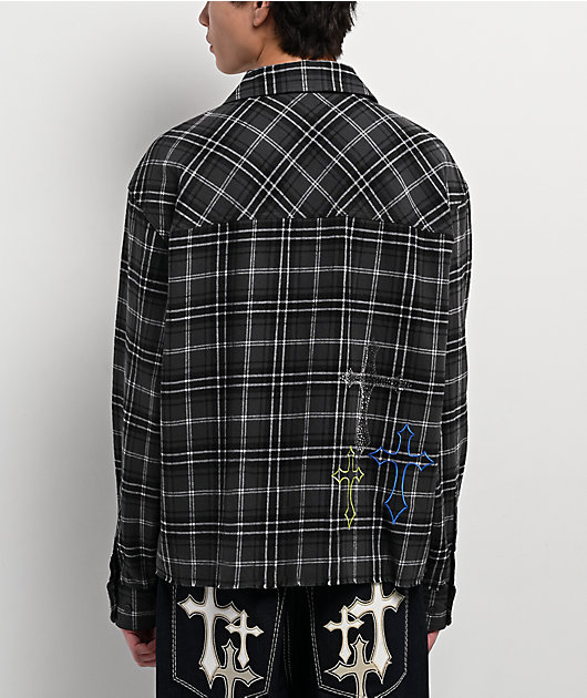 Ninth Hall Crosses and Rhinestones Grey Boxy Long Sleeve Flannel
