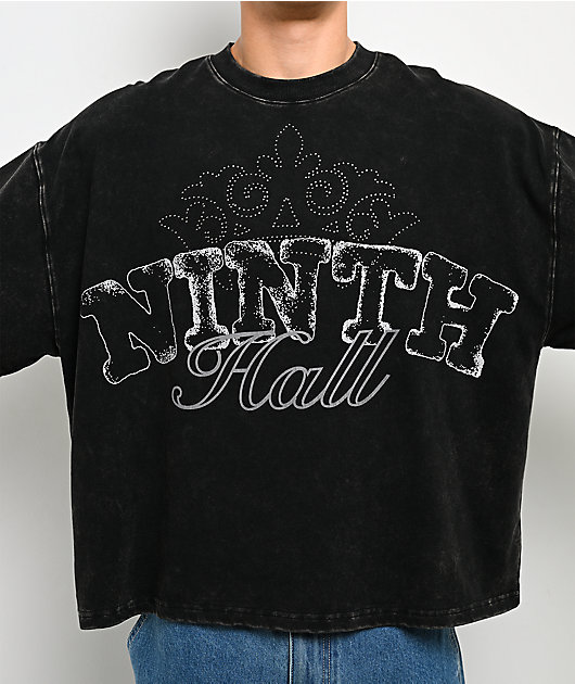 Ninth Hall Crowned Rhinestone Black & White Wash 2fer Long Sleeve Boxy T-Shirt