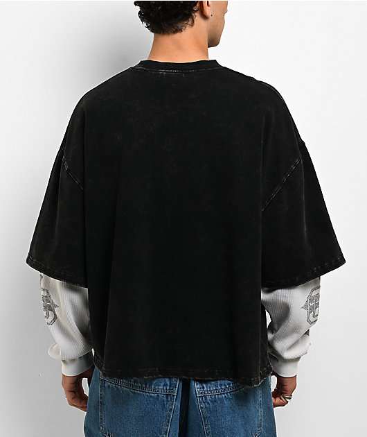 Ninth Hall Crowned Rhinestone Black & White Wash 2fer Long Sleeve Boxy T-Shirt