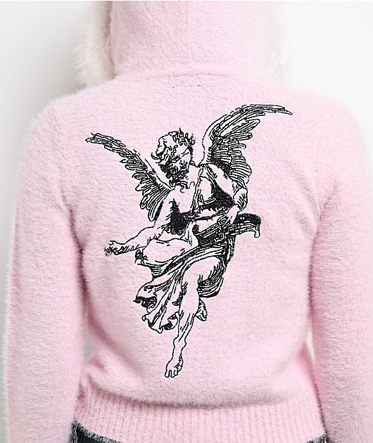 Ninth Hall Crystal Angel Pink Faux Fur Crop Zip Sweater | Zumiez