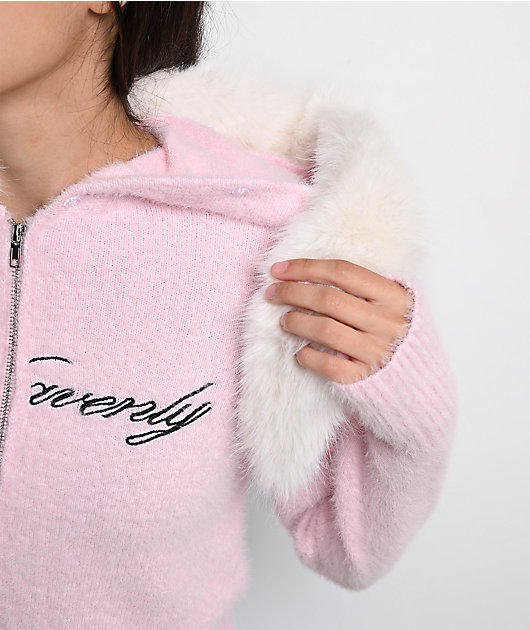 Ninth Hall Crystal Angel Pink Faux Fur Crop Zip Sweater | Zumiez