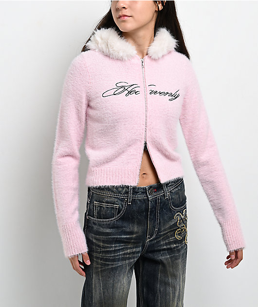 Ninth Hall Crystal Angel Pink Faux Fur Crop Zip Sweater | Zumiez