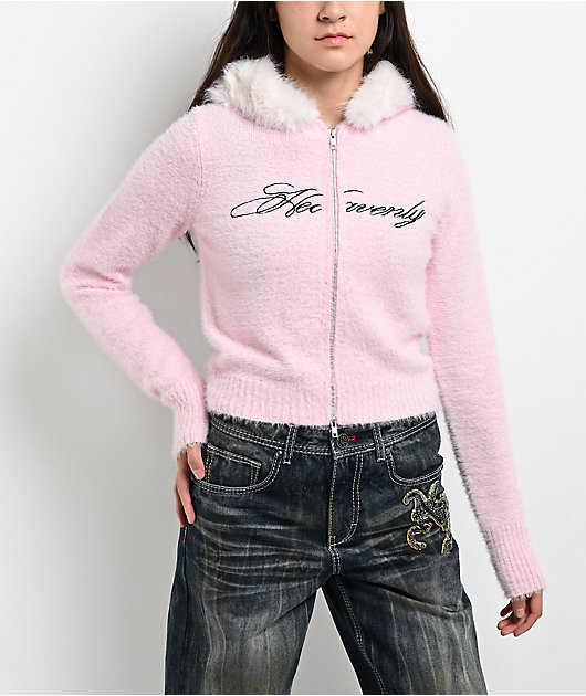 Ninth Hall Crystal Angel Pink Faux Fur Crop Zip Sweater | Zumiez