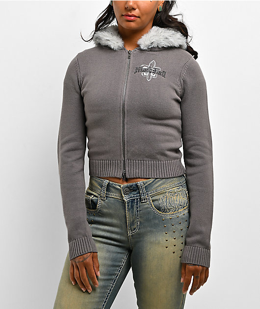 Ninth Hall Crystal Grey Faux Fur Crop Zip Sweater