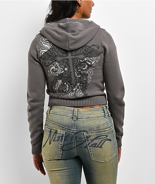 Ninth Hall Crystal Grey Faux Fur Crop Zip Sweater