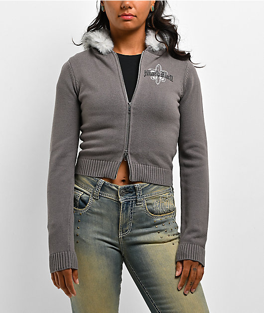 Ninth Hall Crystal Grey Faux Fur Crop Zip Sweater