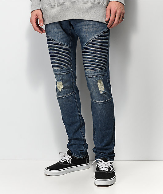 dark blue moto jeans