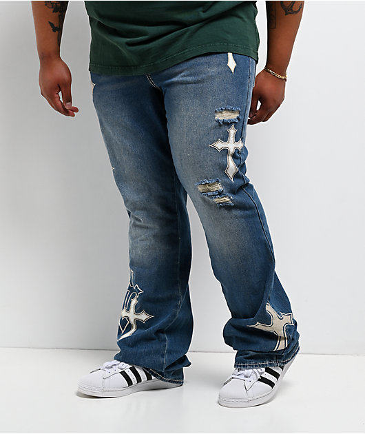 Ninth Hall Defender Applique Crosses Reverent Blue Flare Jeans