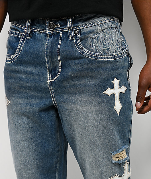 Ninth Hall Defender Applique Crosses Reverent Blue Flare Jeans