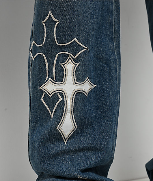 Ninth Hall Defender Applique Crosses Reverent Blue Flare Jeans
