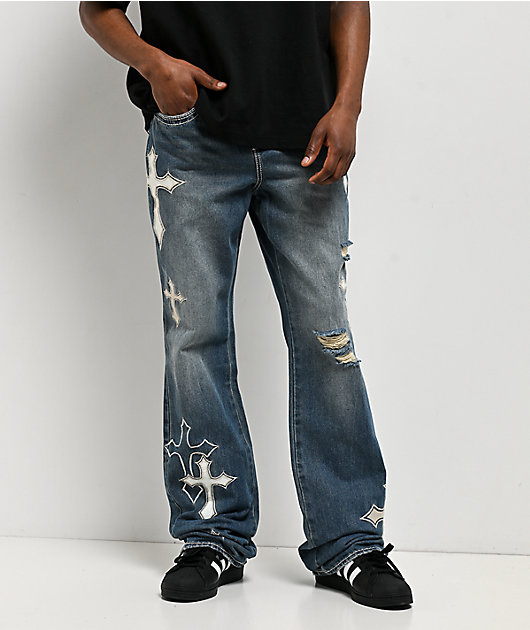 Ninth Hall Defender Applique Crosses Reverent Blue Flare Jeans