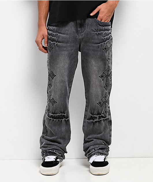 Ninth Hall Defender Crosses Grey Fade Flare Jeans | Zumiez