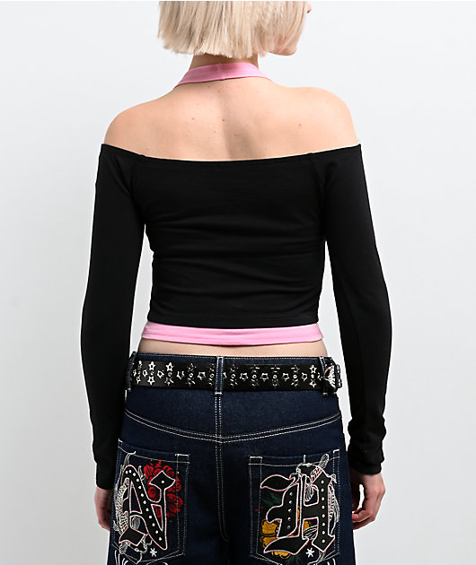 Ninth Hall Destiny Black & Pink Long Sleeve Faux Halter Top