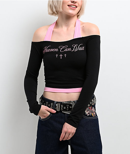 Kaz. N☆タンクトップロンパース Ninth Hall Destiny Black & Pink Long Sleeve Faux Halter Top | Zumiez