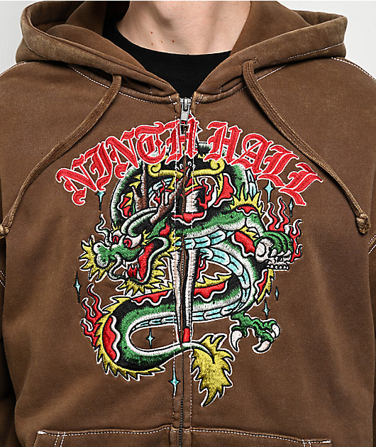 Ninth Hall Dragon Fire Brown Wash Zip Hoodie