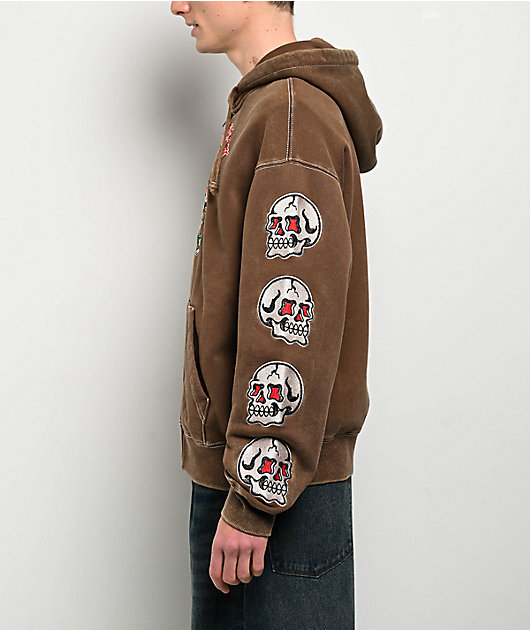 Ninth Hall Dragon Fire Brown Wash Zip Hoodie | Zumiez