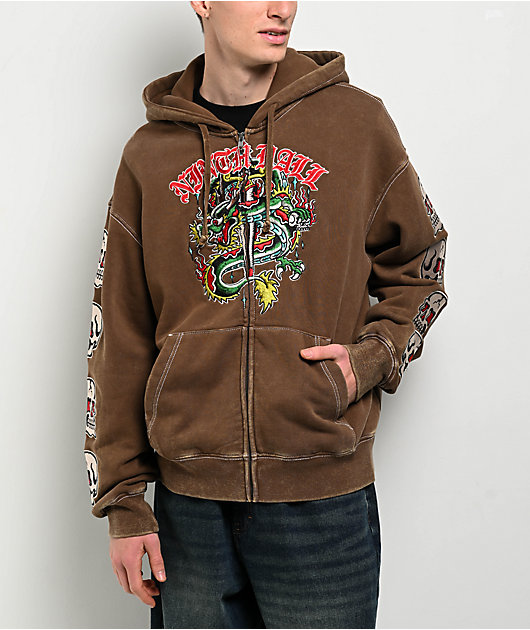 Ninth Hall Dragon Fire Brown Wash Zip Hoodie | Zumiez